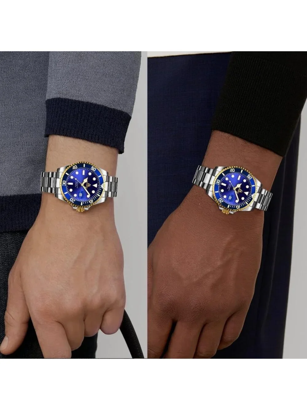 Men's Silver Blue Stainless Steel Analog Quartz Waterproof Luminous Round Watch